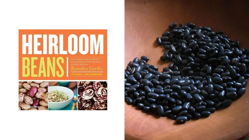 Left: An heirloom bean cookbook silhouetted on a white background. Right: Black lentils in a brown bowl.