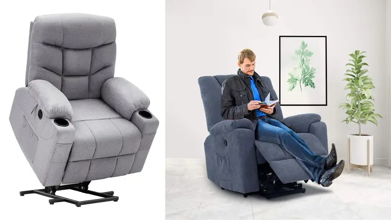 On left, grey CDCASA chair on a white background. On right, a man sits in a blue CDCASA chair while reading a book.