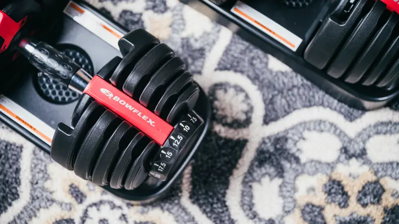 An image of the Bowflex adjustable dumbbells shot from above.