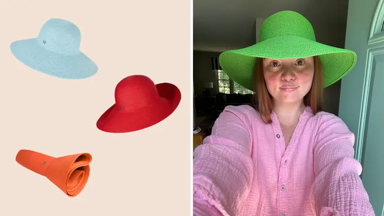 Images of the Eric javits Hampton Hat in blue, red, and orange. Two of the hats are shown at various angles, and the third is shown rolled up for packing. On the right side of the image is the author wearing a pink shirt with the lime green Hampton hat.