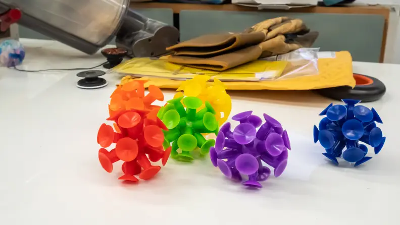 In addition to LED lights, we used these rubber balls to test the effectiveness of the EnChroma glasses.