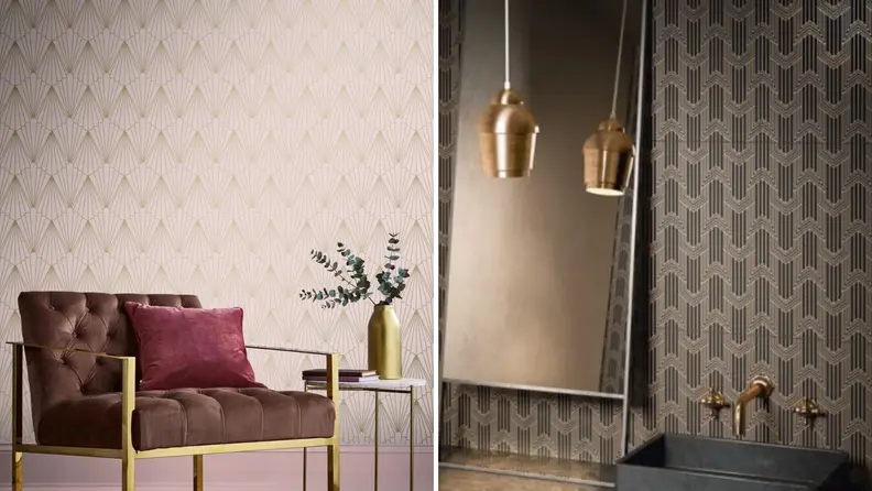 (left) A light and bright sitting area. (right) A dark gold and black vanity.
