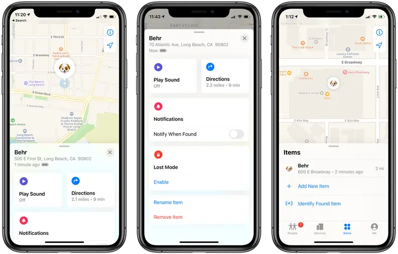 Screenshots of the updated location of the AirTag as it moved about.