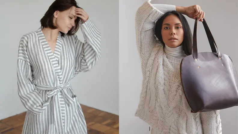 woman wearing loungewear, woman holding large bag
