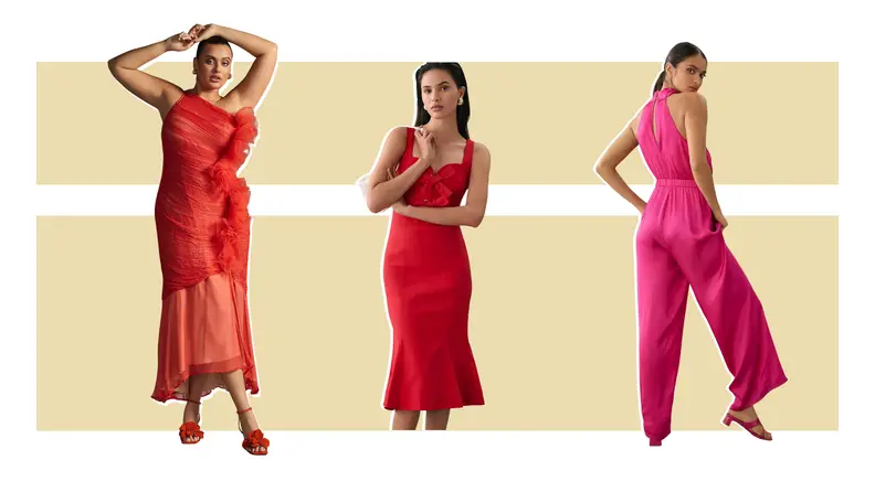 A red dress with a bow, a pink jumpsuit, and a peach gown.