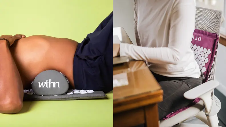 Left: Man lying on wthn acupressure pad. Right: Woman sitting on Kanjo acupressure mat on chair.