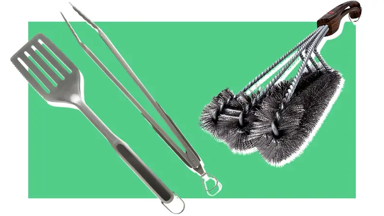 Three different sets of cooking utensils on a green background.
