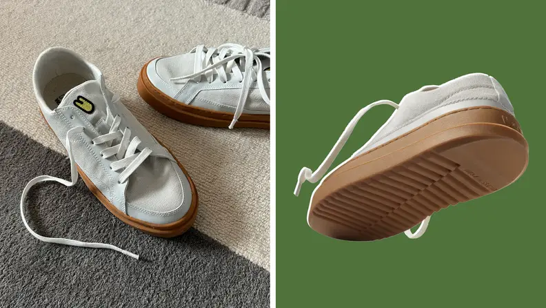 The Degenerate Sneaker bottom view and an image of the sneakers on a gray and cream carpet.
