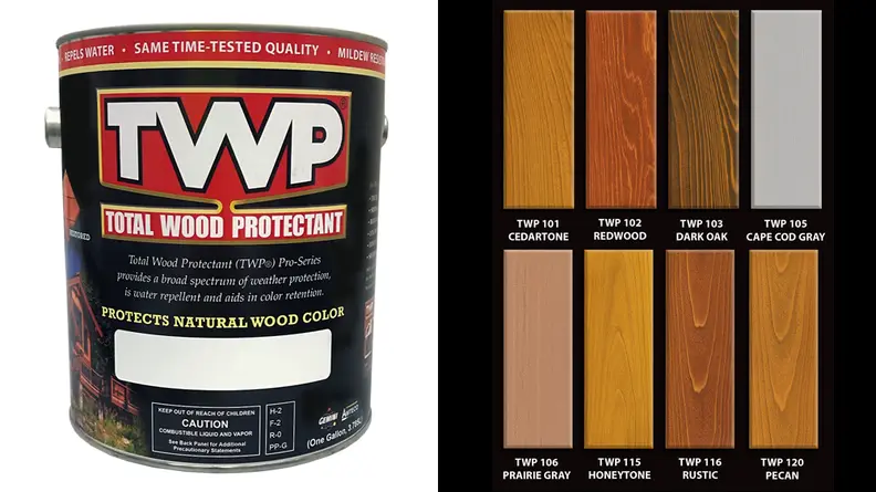 Left: A 1-gallon bucket of TWP 100 Pro Series; Right: Eight sample chips of wood painted with different stain colors