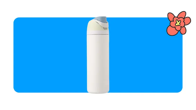 A white Owala Free Sip water bottle in front of a blue background with a red cartoon flower.