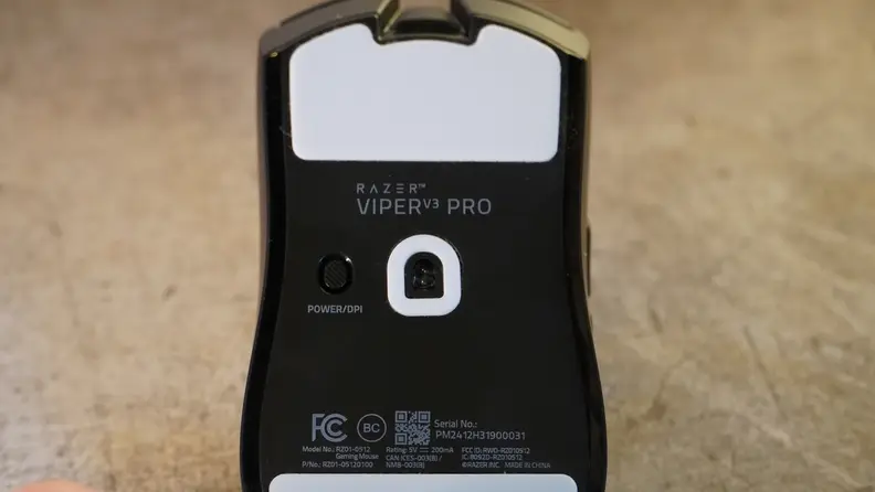 The bottom of the Razer Viper V3 Pro mouse.