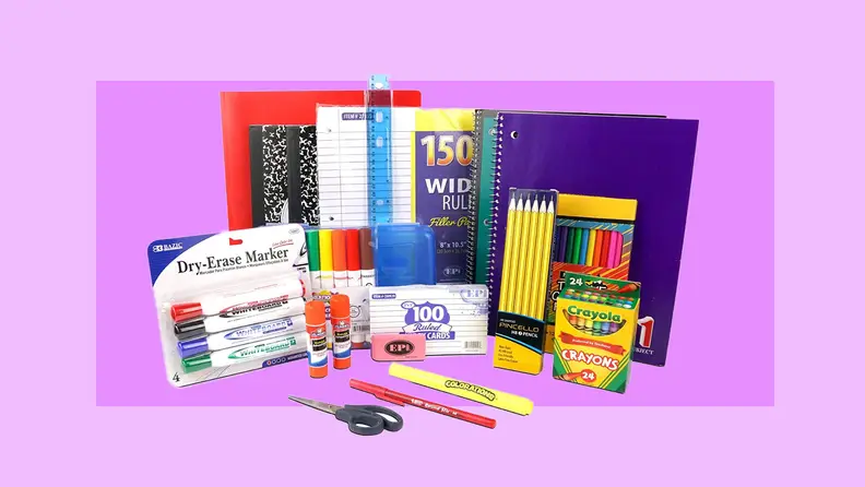 A school supply bundle on a purple background