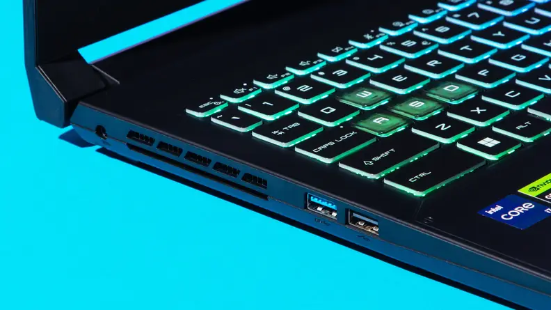 A close up of the side ports of a laptop.