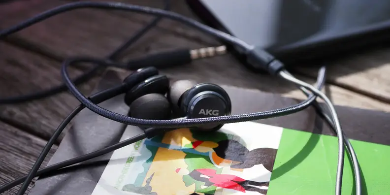 A close-up of the AKG headphones that ship with the Samsung Galaxy S8