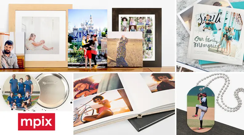 Options for what you can print photos on including a necklace and book