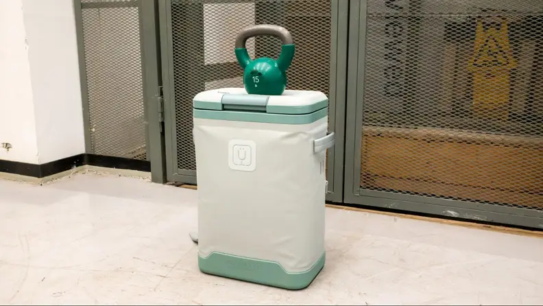 A 15-pound weight on top of the Brümate Magpack Backpack Soft Cooler.