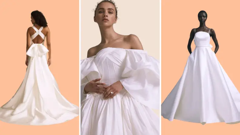 Collage image of three models wearing diaphanous wedding gowns.