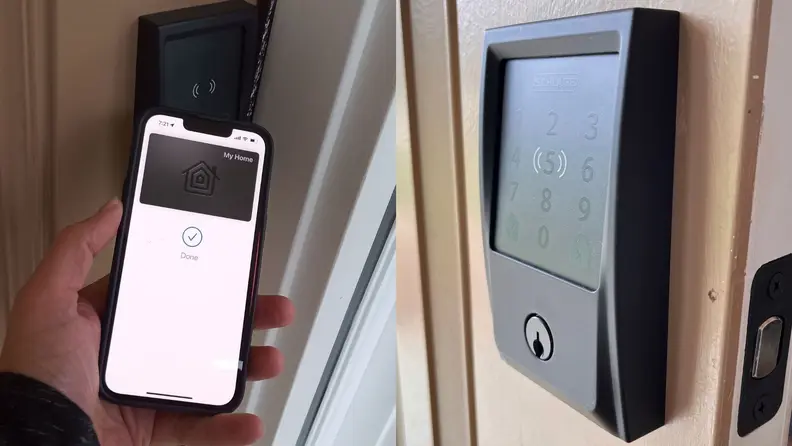 The Schlage Encode Plus Smart Wi-Fi Deadbolt hangs on a front door and a person uses their phone to unlock the front door