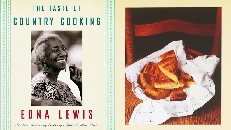 On left, The Taste of Country Cooking cookbook cover. On right, slices of cornbread in a cloth on a chair.