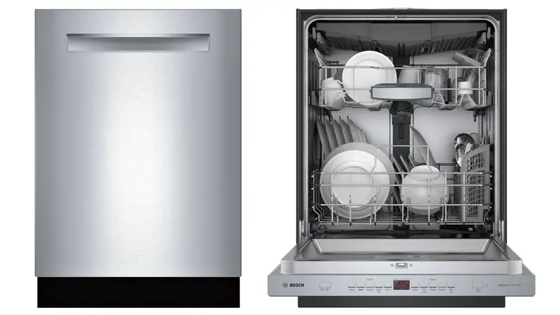The Bosch SHPM65Z55N shown opened and closed on a white background.