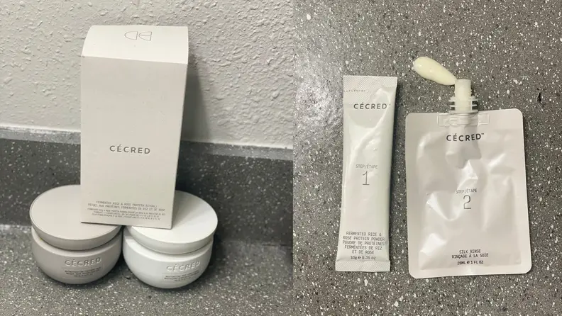 Cécred protein treatment, hair mask, and deep conditioner against granite countertop