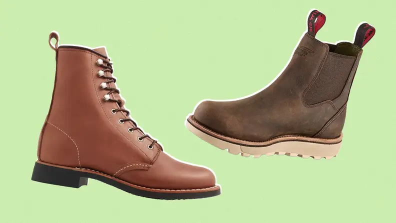 Two brown leather boots against a green background.