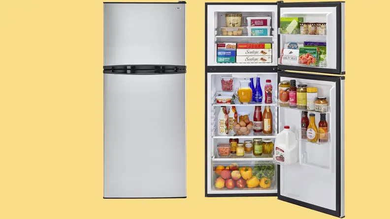 Two images of the Haier HA10TG21SS top-freezer refrigerator, one with its door closed and the other with its door open, showcasing a fully-stocked interior.