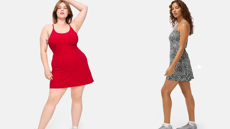 models wearing red and leopard exercise dresses