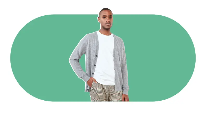 A male model wearing a cashmere cardigan.