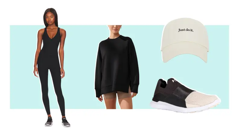 A model wearing a black bodysuit, a model wearing a black sweatshirt, a white hat embroidered with the words "Just Do It," and a pair of black and white sneakers.