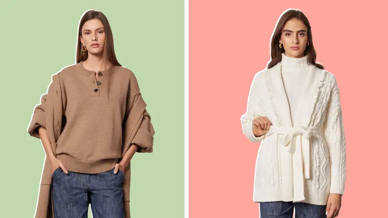 A model wearing an oversized brown cardigan, and another model wearing a white cable-knit cardigan with a turtleneck.