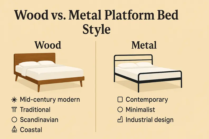 An infographic showing a wood and a metal platform bed on a beige background