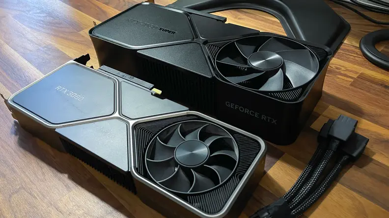 The Nvidia RTX 4080 Super next to a Nvidia RTX 3080