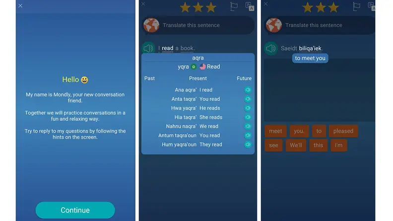 Three images of Mondly's interface