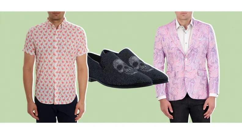 A short sleeve shirt with pink flamingo print, a pair of loafers with a skull print, and a pink paisley-print blazer.