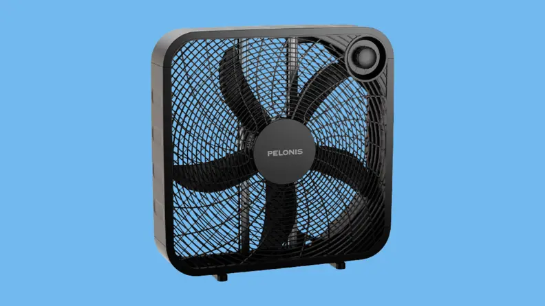 A black box fan on a blue background