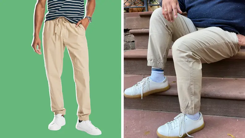 Collage of two men wearing khaki joggers with white sneakers.