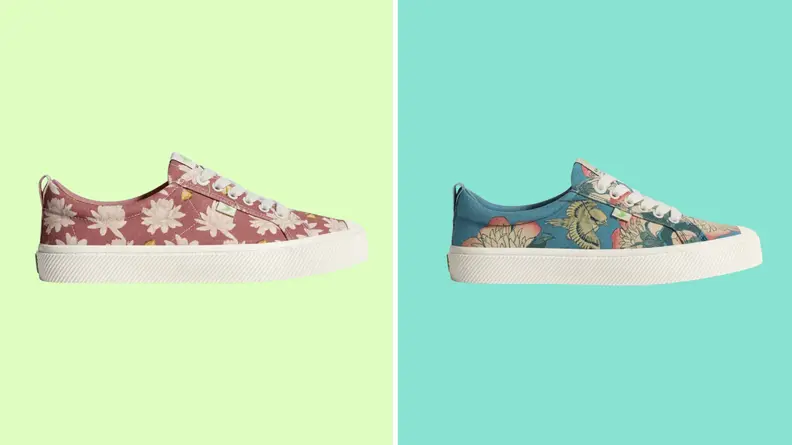 Cariuma sneakers, one with a floral design and the other featuring birds, against a green and teal background