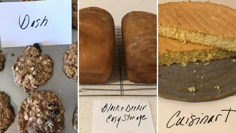 Left: tin of fresh muffins. Center: two loaves of bread. Right: two halves of corn bread