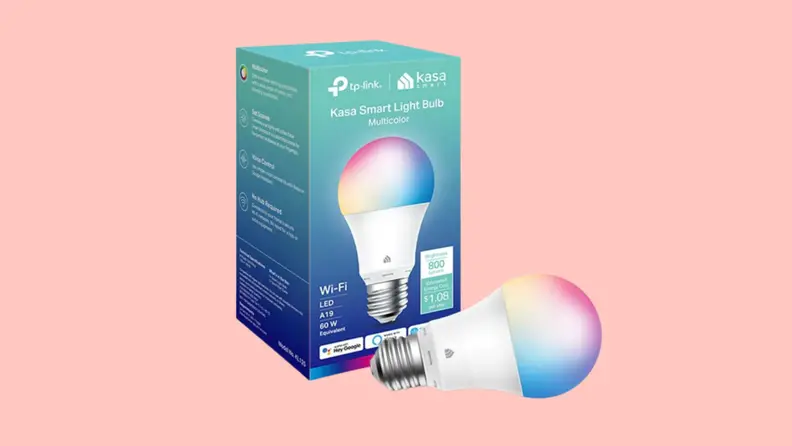 The Kasa Multicolor Smart Bulb and Packaging on a peach-colored background