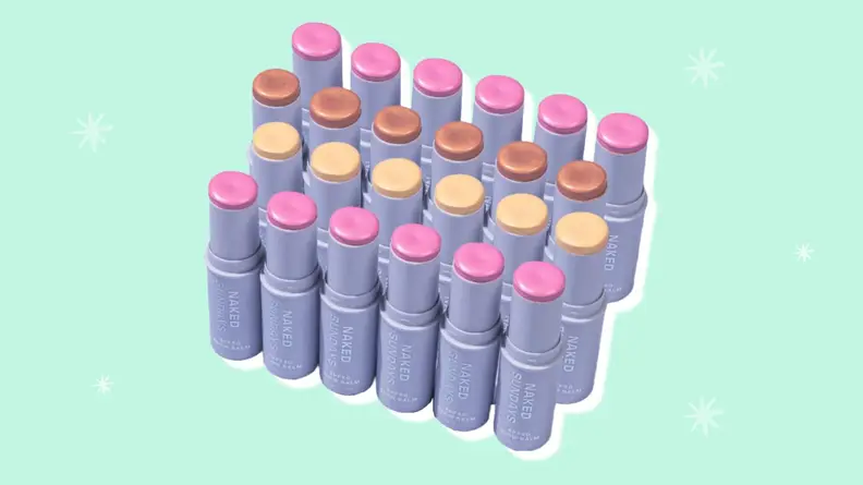 Naked Sundays balm sticks on a green background.