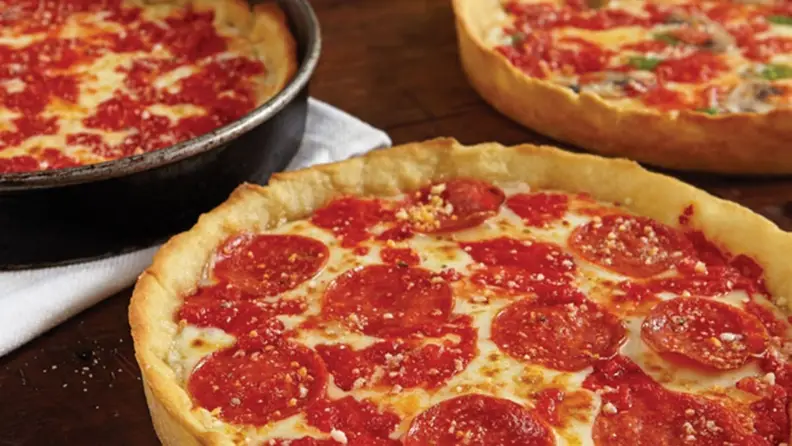 Chicago-style deep dish pizza with cheese and pepperoni.