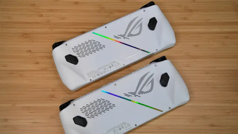 The backs of the Asus ROG Ally Z1 and Asus ROG Z1 Extreme handheld gaming PC's.