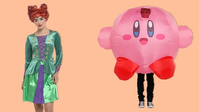 Winifred Sanderson and Kirby Halloween costumes on an orange background.