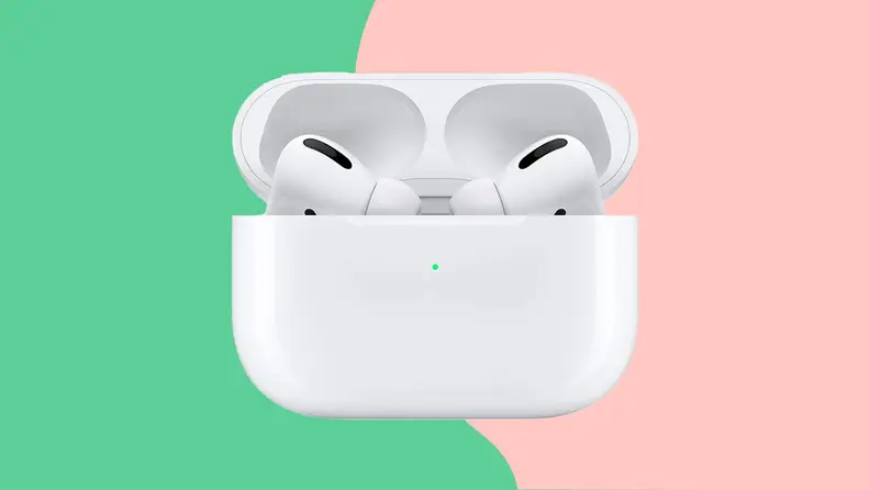 Apple Airpods Pro in front of pink and green.