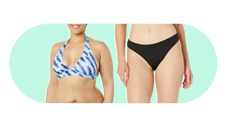 Close-up of two females modeling a bikini top and a bottom respectively.