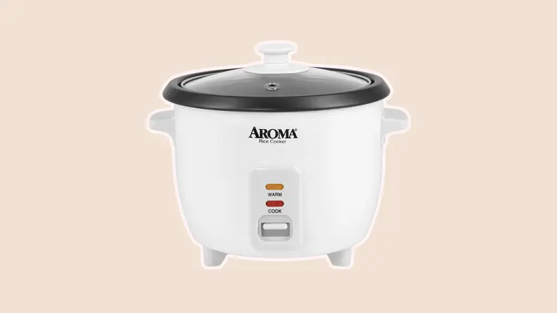 Product shot of a white Aroma Homewares Rice Cooker with lid on top.