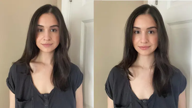 Two images of a person wearing two shades of different lip sticks.