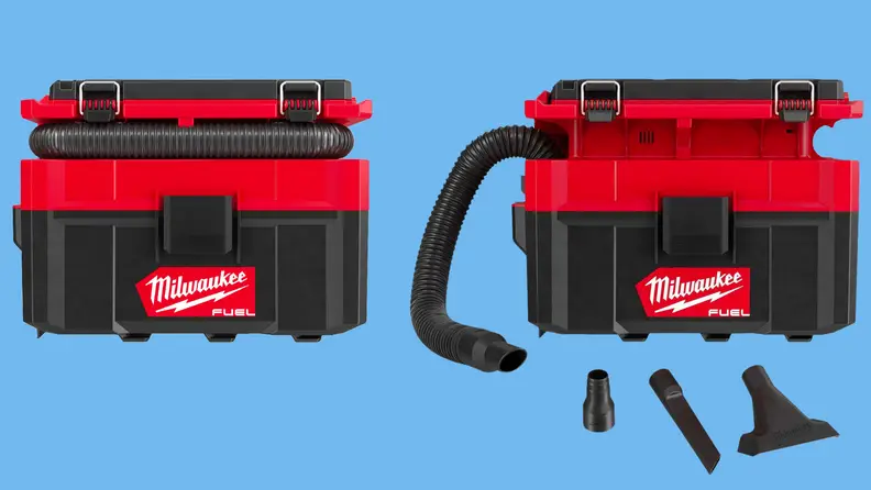 Two close-ups of the Milwaukee packout vacuum on a blue background. The leftmost image shows the entire compact package with the hose secured and the attachments stowed away. The rightmost image shows the hose out and a few of the attachments that come bundled with the vacuum.