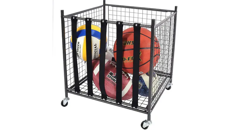 Metal crate on wheels for holding sport balls